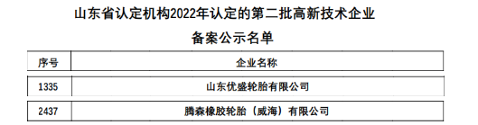 最新：六家輪胎入選高新企業(yè)！