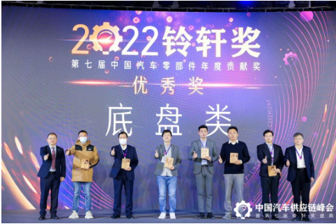 玲瓏輪胎副總裁馮寶春(左三)、高級總監(jiān)魏勝(右二)上臺領(lǐng)獎
