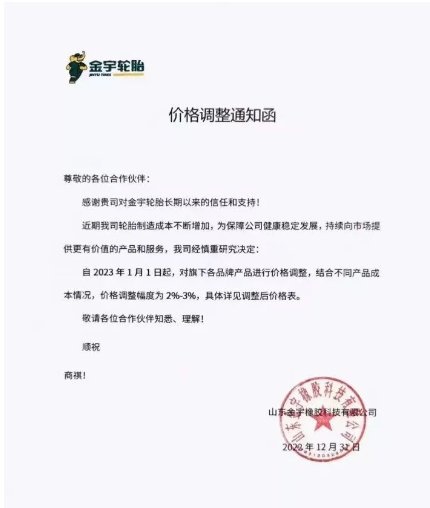 　金宇輪胎表示，由于近期輪胎制造成本不斷增加，自2023年1月1日起，對(duì)旗下各品牌進(jìn)行價(jià)格調(diào)整，結(jié)合不同產(chǎn)品成本情況，價(jià)格調(diào)整幅度為2-3%。