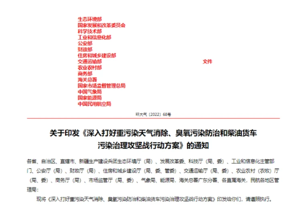最后，2022年11月14日，生態(tài)環(huán)境部、發(fā)改委、科學技術部、工信部等15部門聯(lián)合印發(fā)了《深入打好重污染天氣消除、臭氧污染防治和柴油貨車污染治理攻堅戰(zhàn)行動方案》，提出，到2025年，全國柴油貨車排放檢測合格率超過90%，全國柴油貨車氮氧化物排放量下降12%，新能源和國六排放標準貨車保有量占比力爭超過40%。