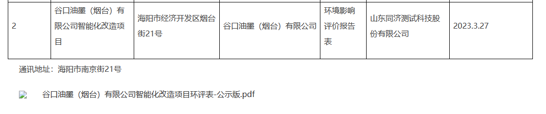企業(yè)現(xiàn)有項(xiàng)目位于山東省煙臺市海陽經(jīng)濟(jì)開發(fā)區(qū)遼寧路，占地面積4400平方米，年產(chǎn)膠印油墨1000噸，環(huán)保手續(xù)已經(jīng)齊備。隨著企業(yè)的發(fā)展，需擴(kuò)大生產(chǎn)規(guī)模，因此，企業(yè)購買了土地，擬搬遷至山東省煙臺市海陽市經(jīng)濟(jì)開發(fā)區(qū)煙臺街21號進(jìn)行新工廠建設(shè)。