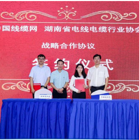 會議第二個部分是簽約儀式，湖南省電線電纜行業(yè)協(xié)會分別與湖南省產(chǎn)商品質(zhì)量監(jiān)督檢驗研究院、湖南省湘雁輸變電產(chǎn)業(yè)服務(wù)中心、中國線纜網(wǎng)簽署戰(zhàn)略合作協(xié)議。合作雙方表示將發(fā)揮各自優(yōu)勢，建立協(xié)作平臺，深化創(chuàng)新協(xié)同，優(yōu)勢互補譜寫合作新篇章。